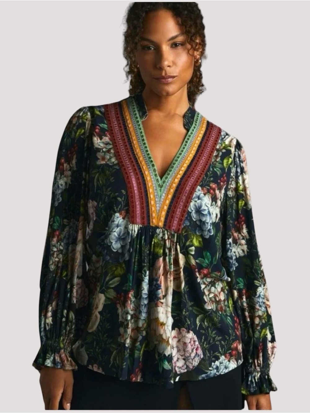 Anthropologie Bl^nk London STEPHANIE XL Dark Blue Floral V-Neck Boho Whimsigoth
